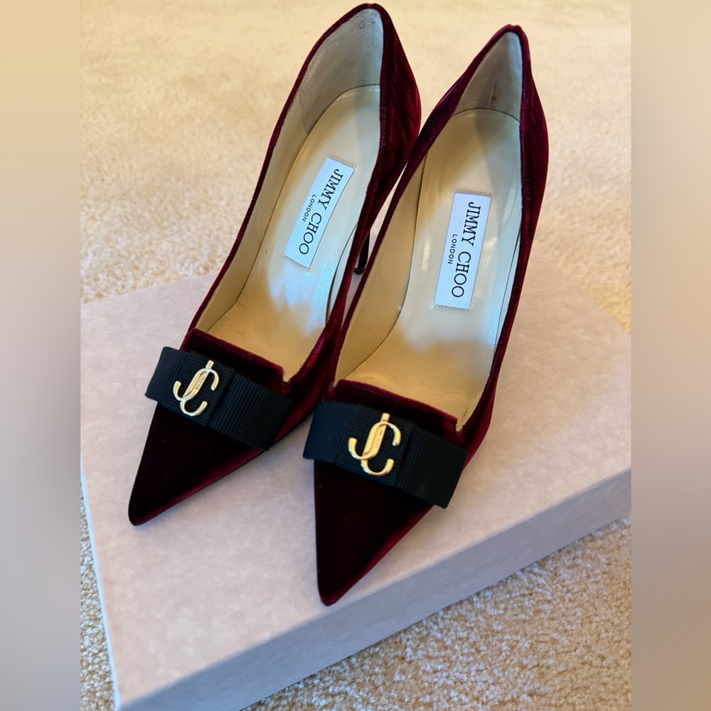 Jimmy Choo Dark Red Velvet Heels with Black Bow 85 - Size 35.5